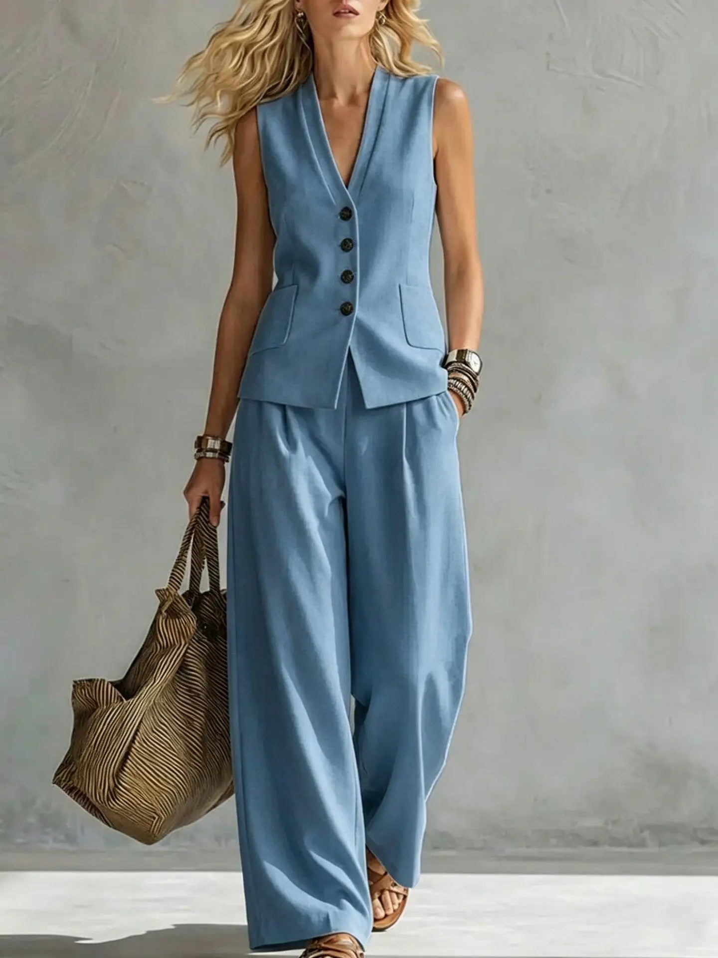 Tenue féminine bleu clair : gilet boutonné et pantalon large, style élégant et moderne