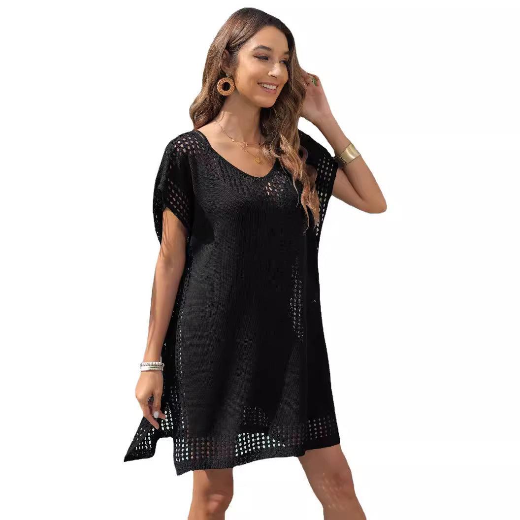 Robe noire ajourée bohème pour femme, style été, manches courtes, coupe fluide