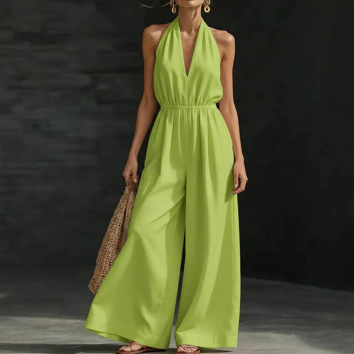 Combinaison verte femme col halter larges jambes style bohème été