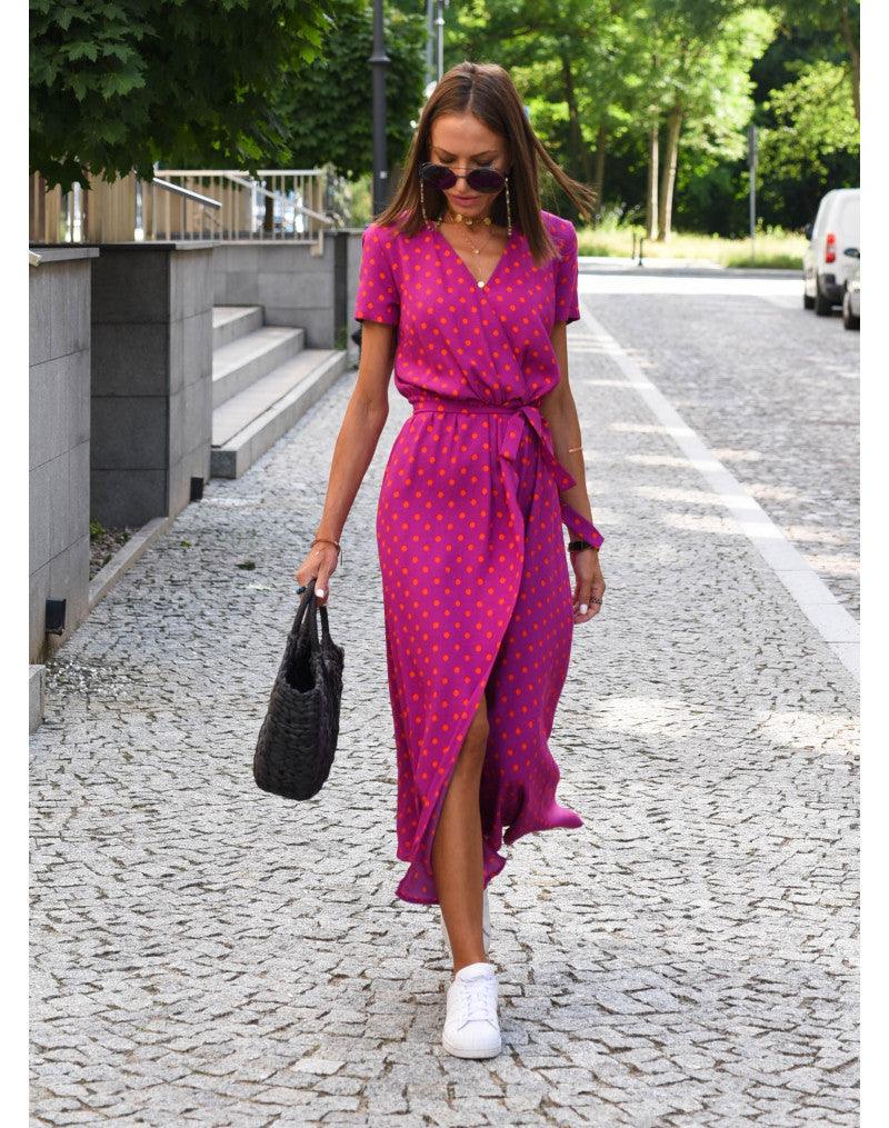 Robe féminine imprimée pois rose fuchsia, manches courtes, ceinture, idéale pour été et occasions décontractées