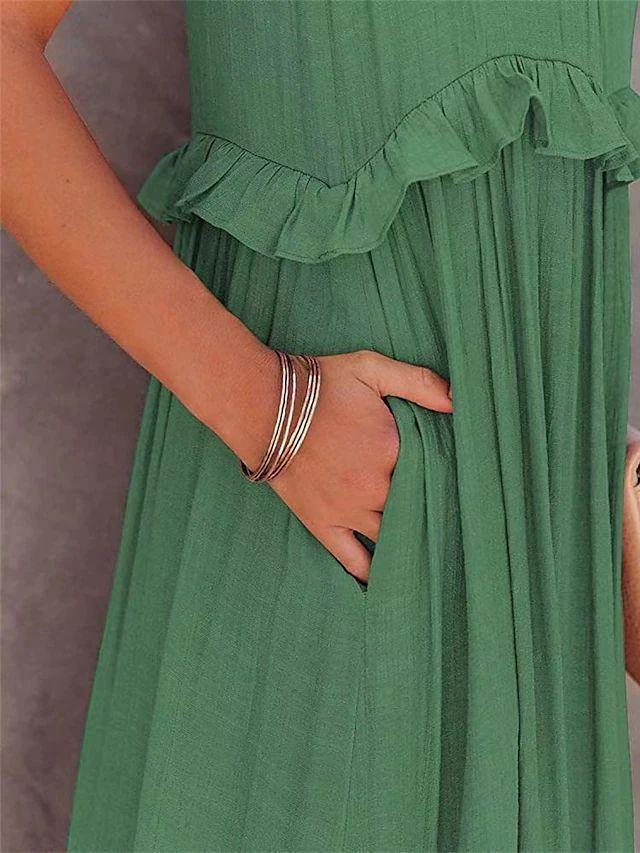 Robe verte bohème à volants et poches, mode féminine élégante