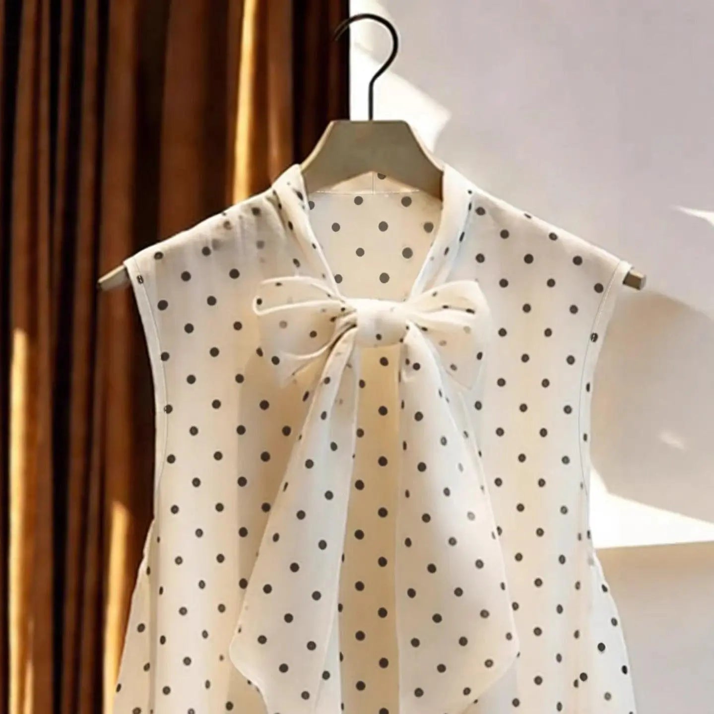 Top blanc à pois noirs avec nœud papillon, style féminin élégant, manches courtes