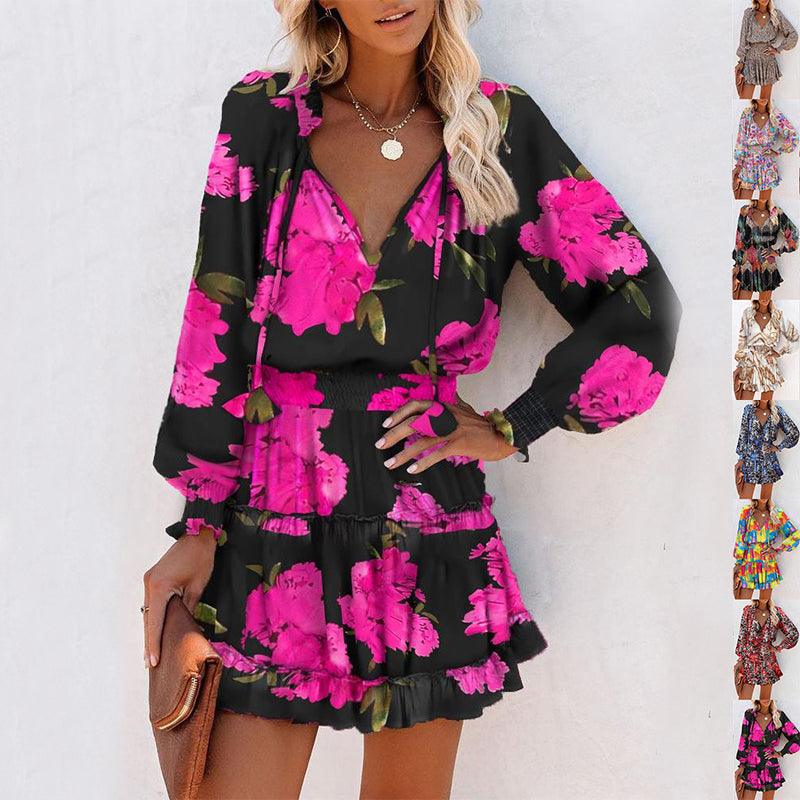 Robe bohème à fleurs roses vives, manches longues et ceinture, style féminin pour toutes occasions