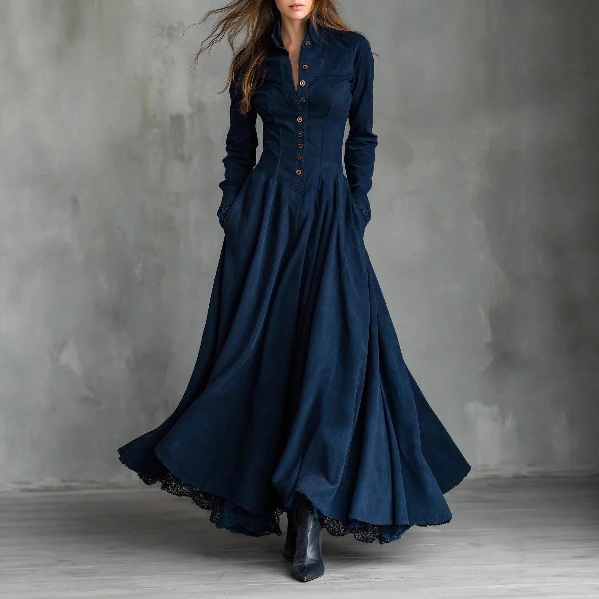 Robe longue bleu marine à boutons, style bohème élégant pour femme