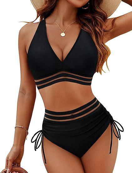 Maillot de bain deux pièces noir à fines bandes transparentes, idéal pour plage et vacances