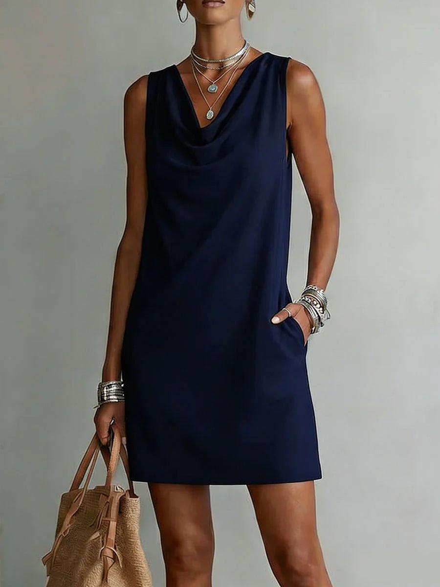 Robe bleu marine sans manches avec col drapé, style bohème élégant pour femme