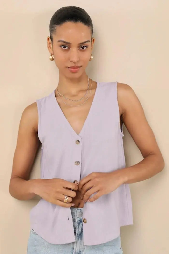 Top violet sans manches à boutons, style féminin élégant, mode femme