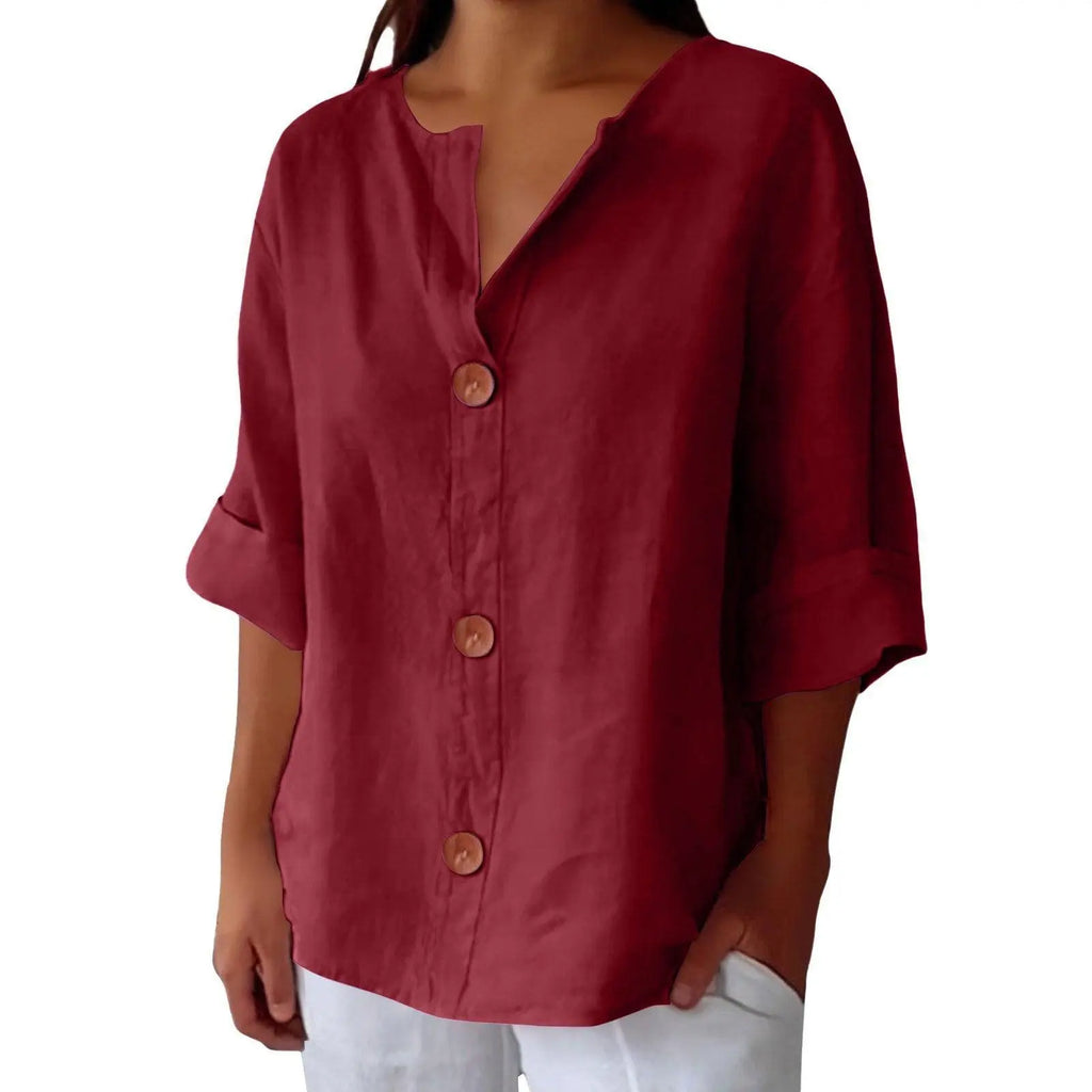 Blouse femme bordeaux à boutons, manches 3/4, style bohème élégant