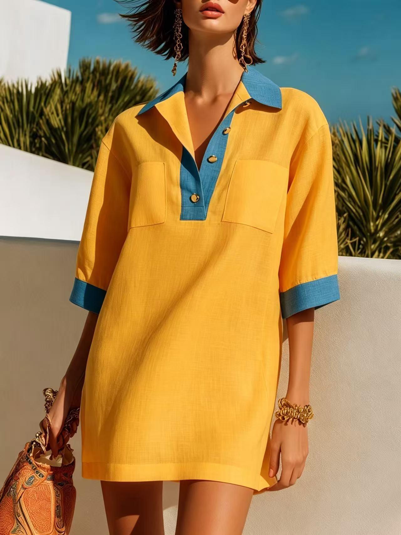 Robe jaune à col bleu, manches courtes, style féminin élégant pour été