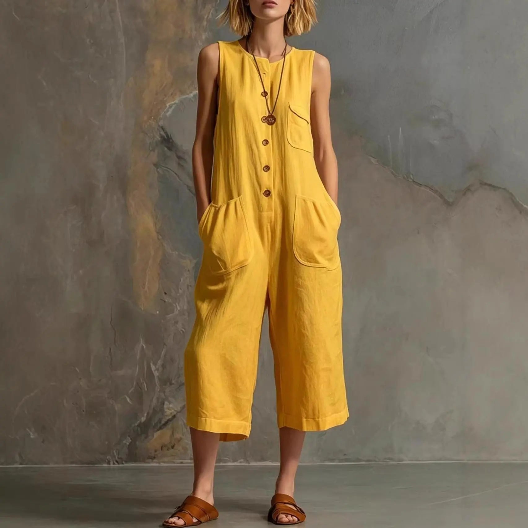 Salopette jaune sans manches pour femme, style bohème avec poches et boutons, idéale pour l'été