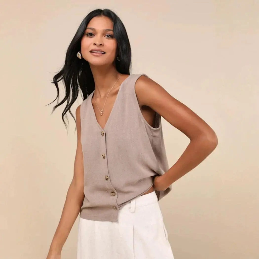 Top féminin sans manches à boutons, style élégant et décontracté pour la mode femme
