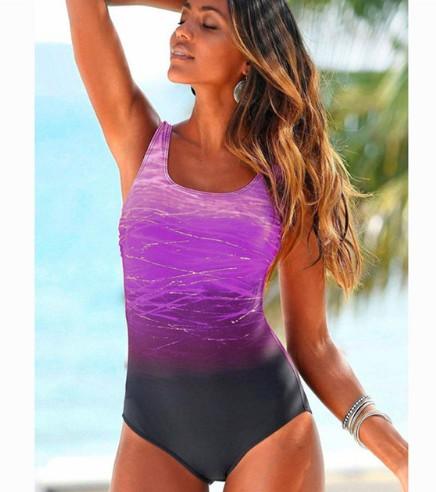 Maillot de bain une pièce violet dégradé et noir, style bohème pour plage, mode féminine