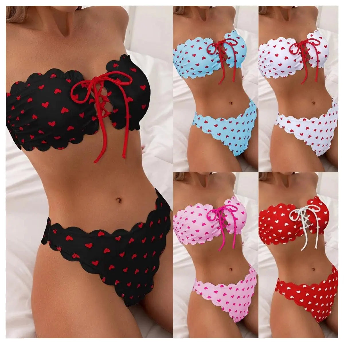 Maillots de bain deux pièces à cœurs, bordure festonnée, styles noir, bleu, blanc, rose, rouge