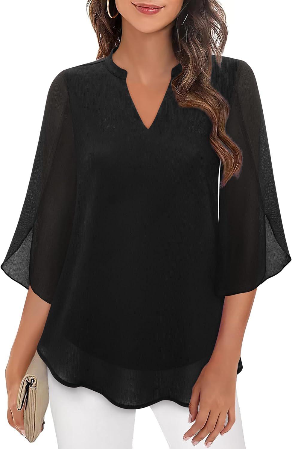 Top noir femme à manches volantes et col en V, style élégant pour tenue féminine