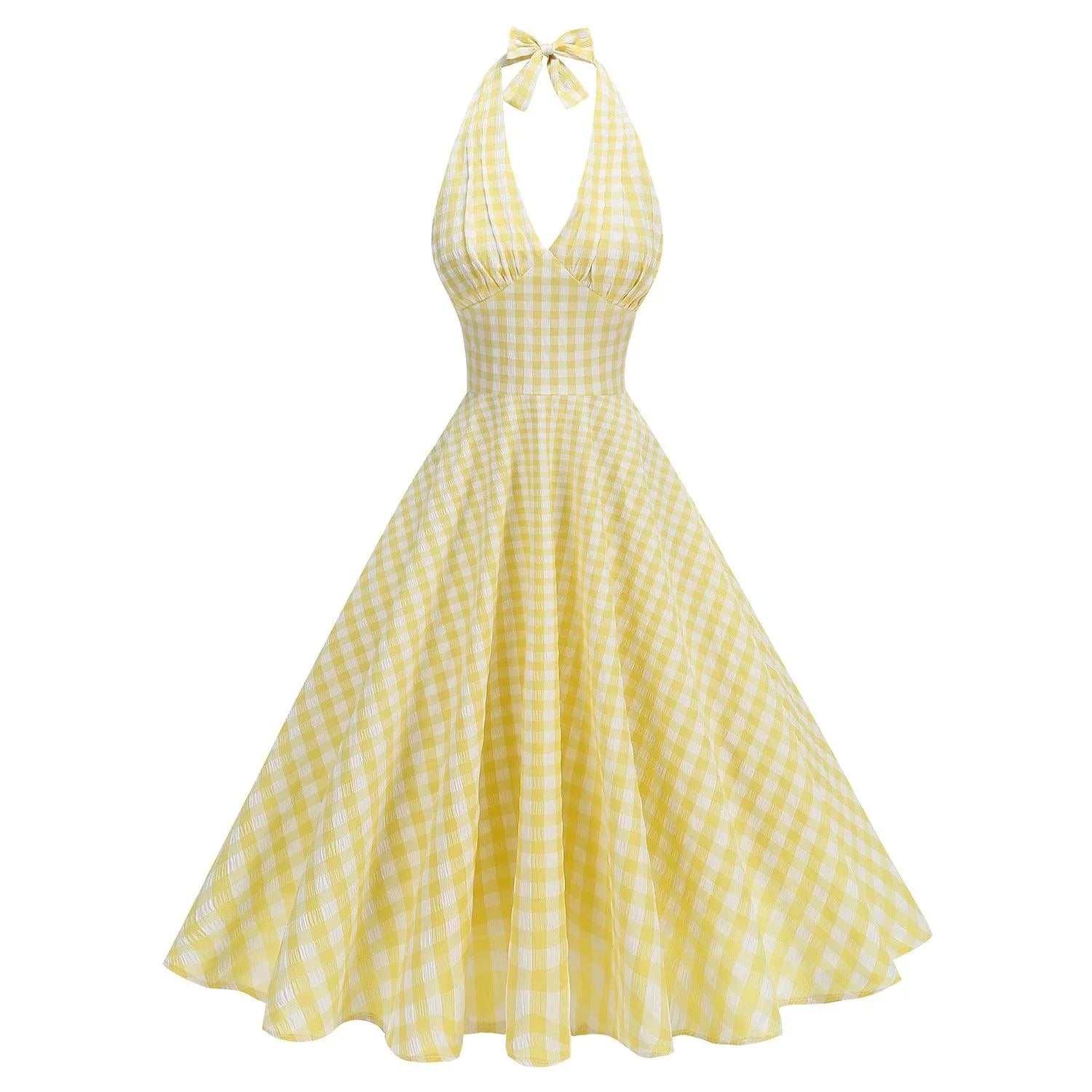 Robe jaune à carreaux blancs, col halter avec nœud, style féminin élégant et vintage