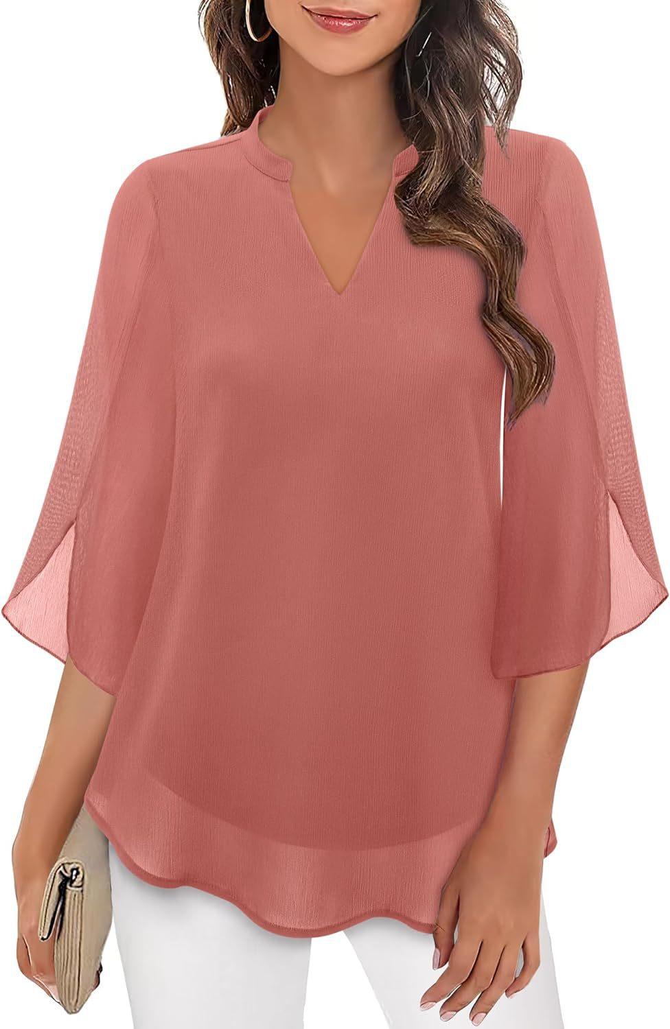 Top féminin rose poudré à manches volantes et col en V, style bohème élégant