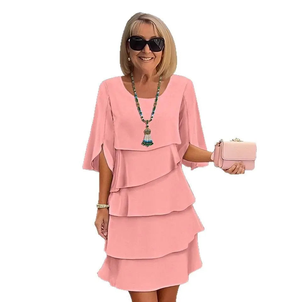 Robe rose à volants pour femme, style bohème élégant avec sac assorti