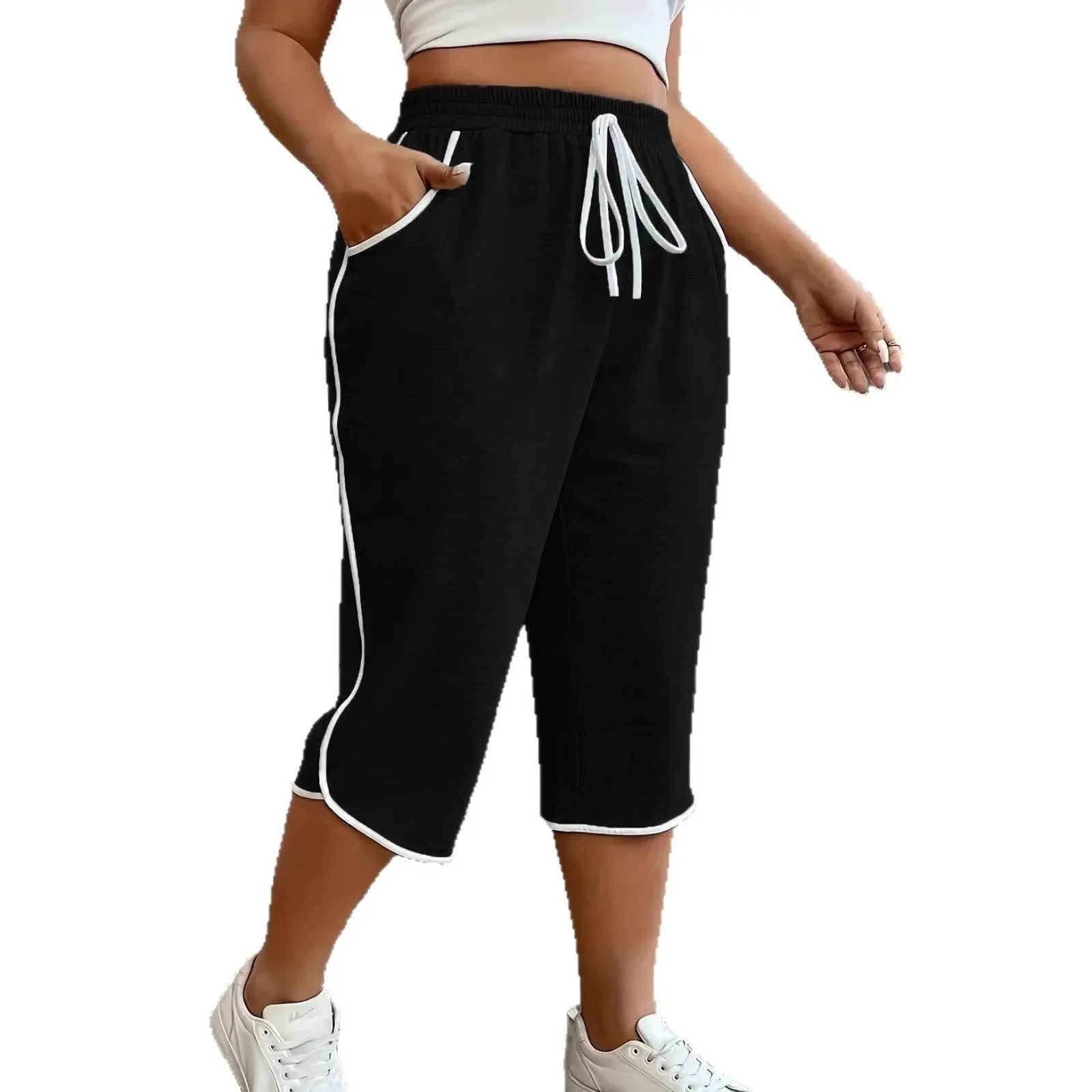 Pantalon capri noir femme avec cordon blanc et poches latérales, style décontracté et confortable
