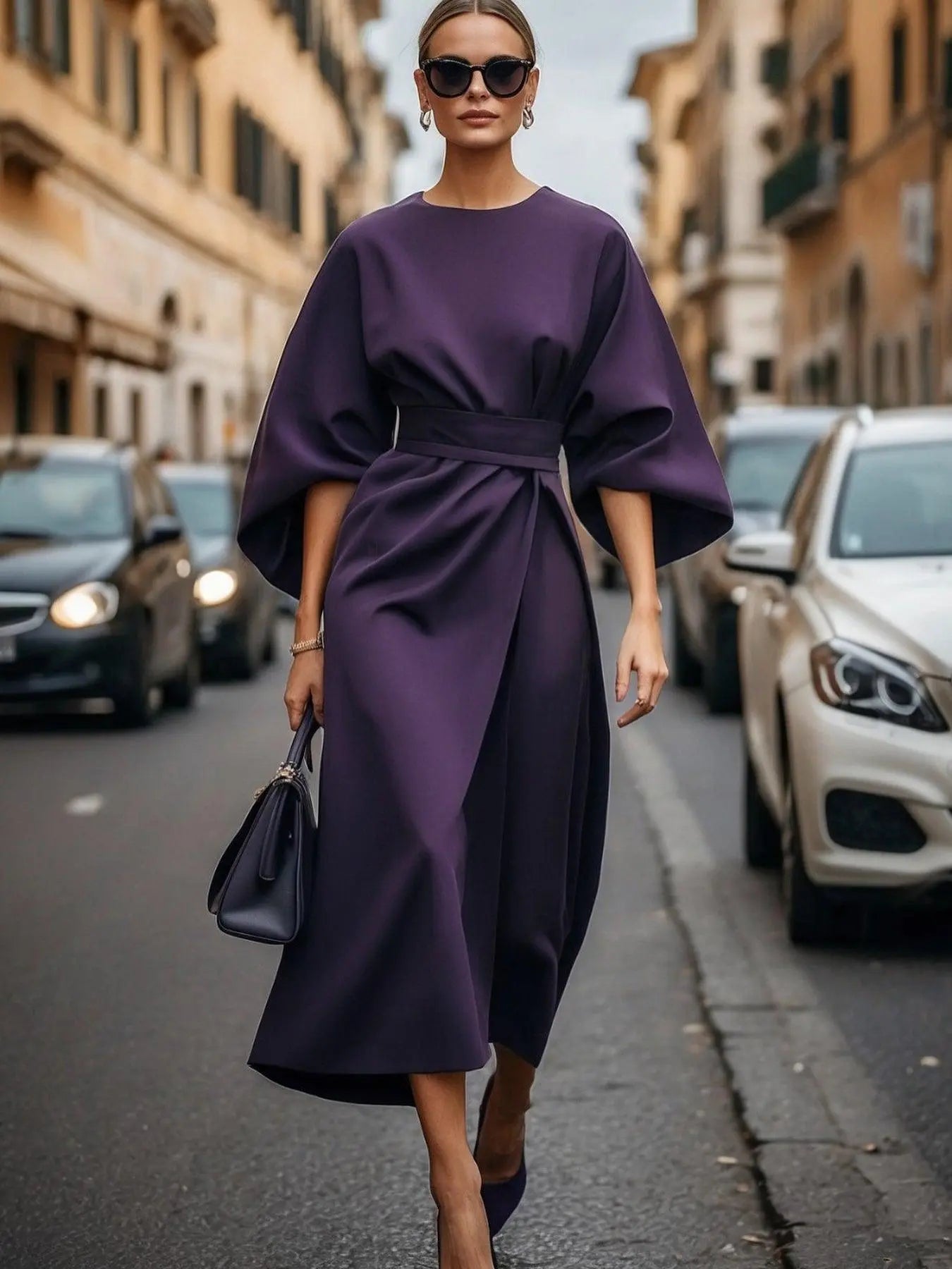 Robe violette élégante à manches amples et ceinture, style féminin pour ville