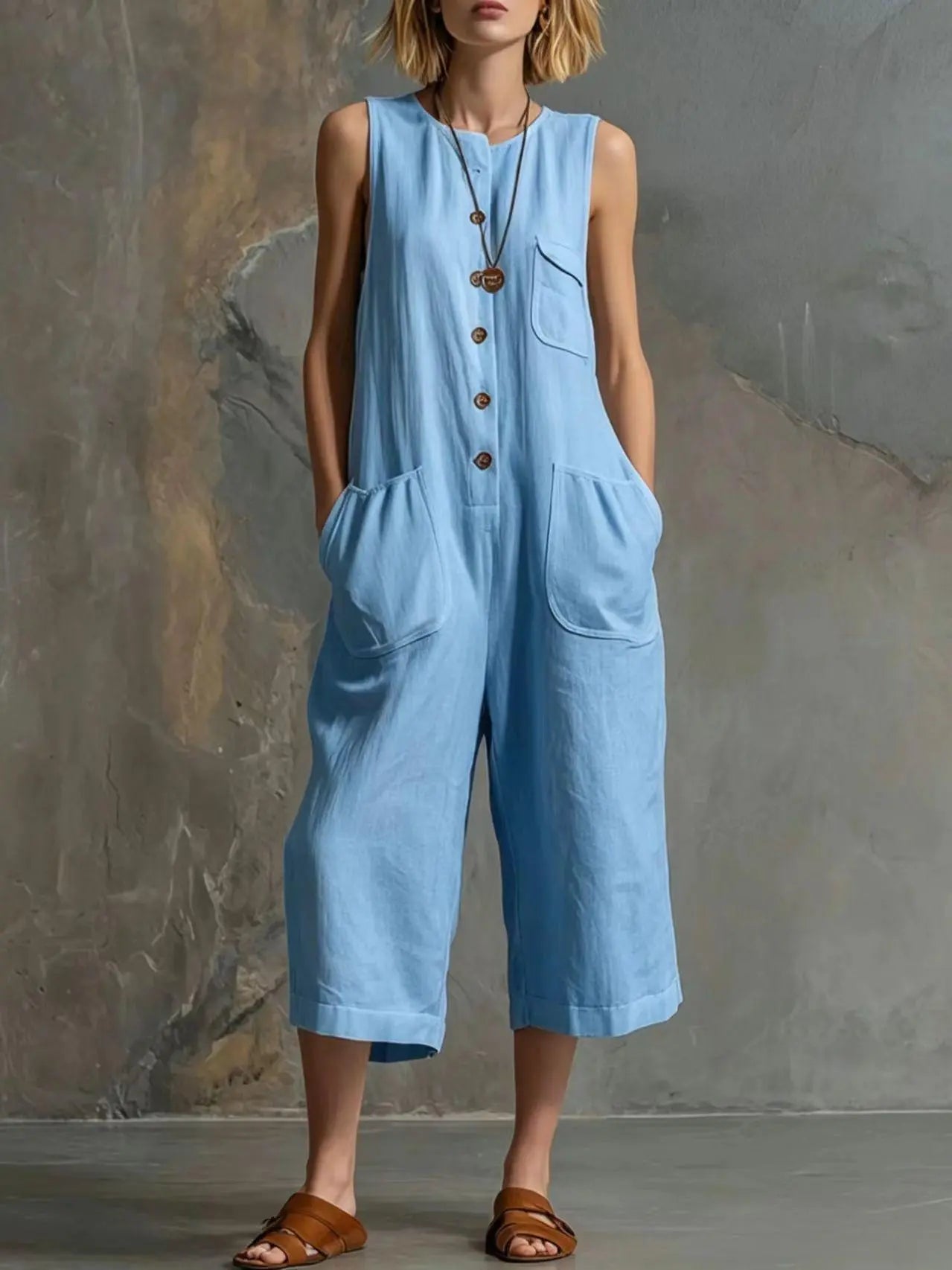 Salopette bleue sans manches, coupe large, poches avant, style bohème féminin