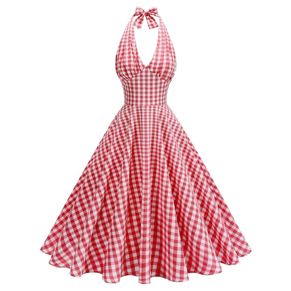Robe à carreaux rouge et blanc, col halter avec nœud, style rétro féminin élégant