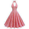 Robe à carreaux rouge et blanc, col halter avec nœud, style rétro féminin élégant