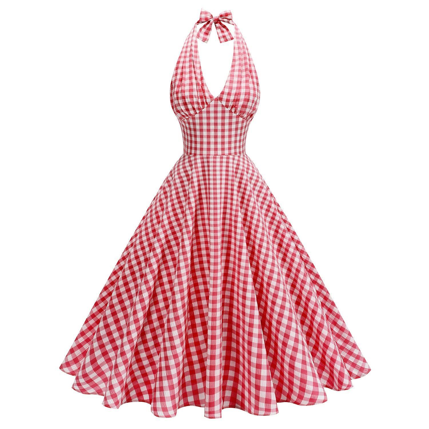 Robe à carreaux rouge et blanc, col halter avec nœud, style rétro féminin élégant