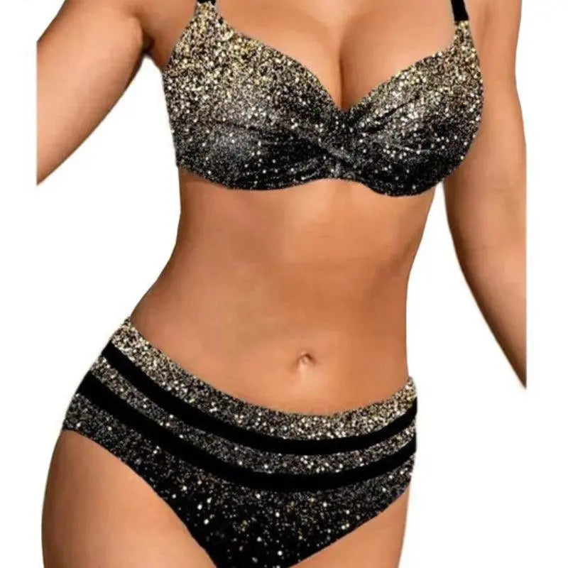 Maillot de bain deux pièces pailleté noir et or, style festif pour plage ou soirée