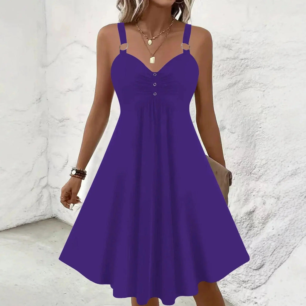 Robe violette à bretelles fines et boutons, style féminin élégant pour été