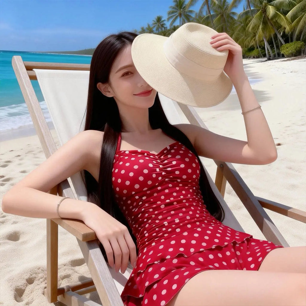 Robe rouge à pois blanche pour plage, style bohème féminin, avec chapeau de soleil sur fond de palmiers