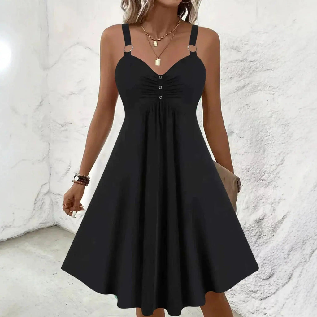 Robe noire féminine à bretelles fines et boutons, style élégant pour toutes occasions