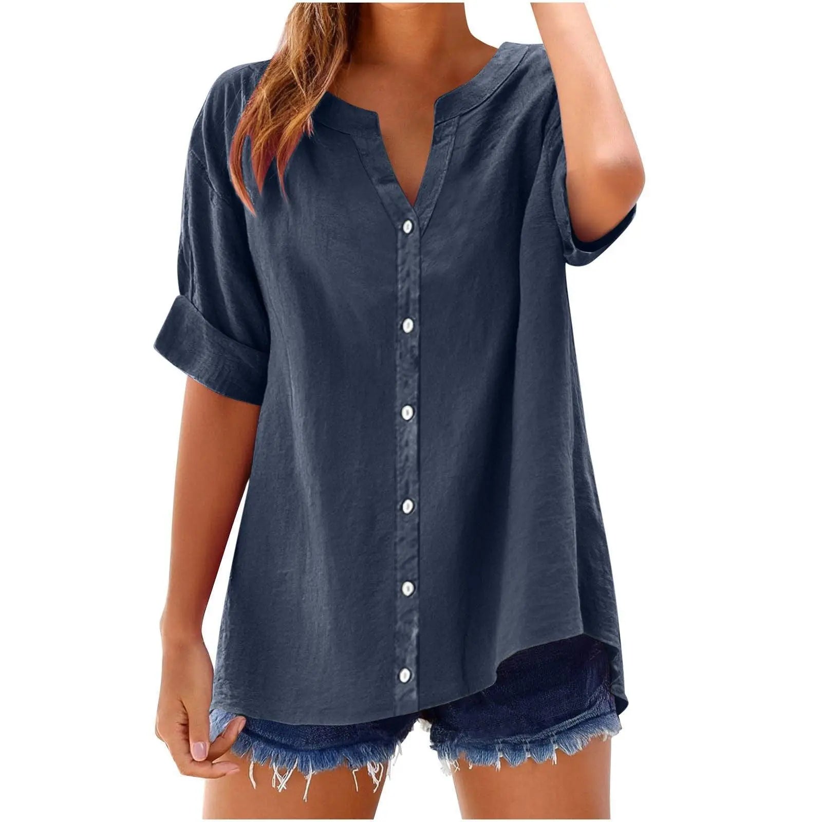 Top féminin bleu marine à manches courtes et boutons, style décontracté pour été