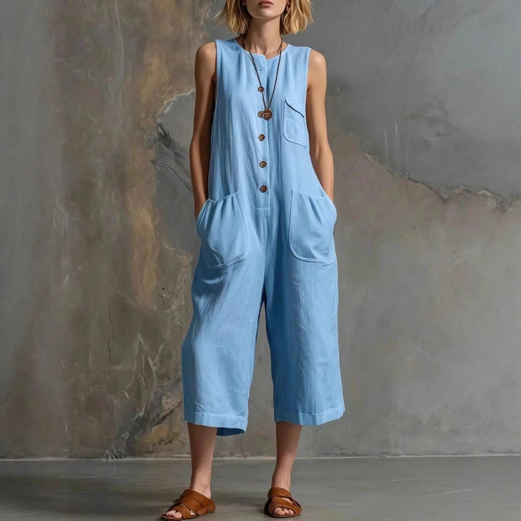 Salopette bleue femme sans manches, coupe large, poches avant, style bohème et décontracté
