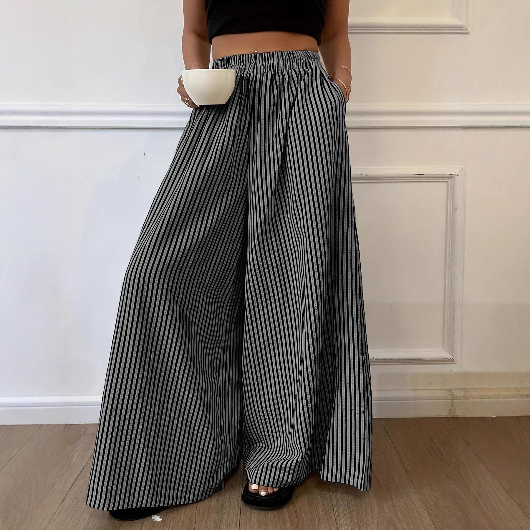 Pantalon large rayé noir et blanc pour femme, style bohème élégant, idéal pour toutes occasions