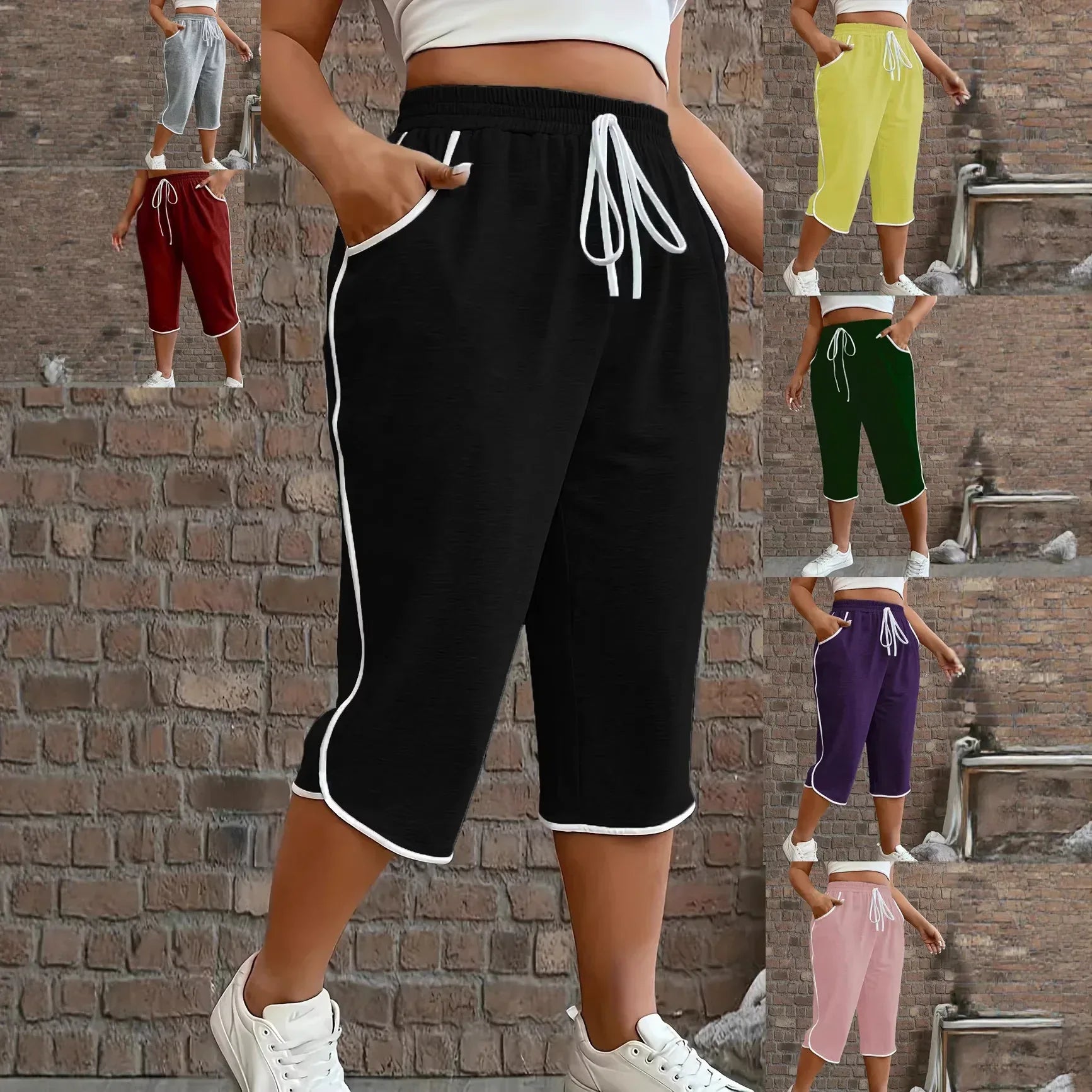 Pantalon capri femme avec cordon de serrage et bandes latérales, disponible en plusieurs couleurs