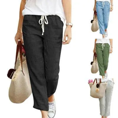 Pantalon ample en lin noir, taille élastiquée avec cordon, style décontracté féminin, idéal pour l'été
