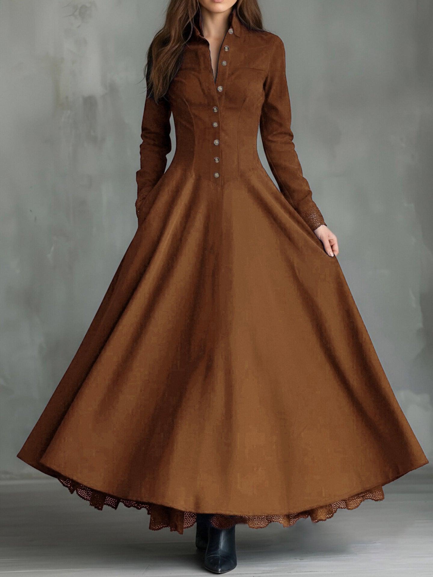 Robe longue marron à boutons et dentelle, style bohème féminin pour toutes occasions