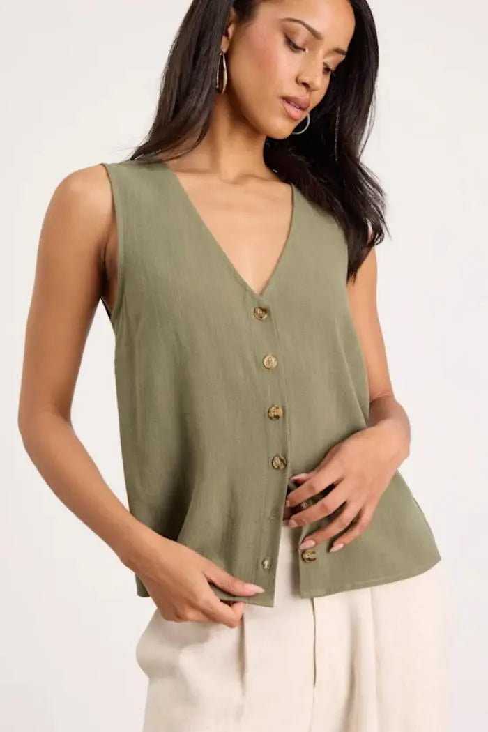 Top vert olive sans manches à boutons, style féminin élégant