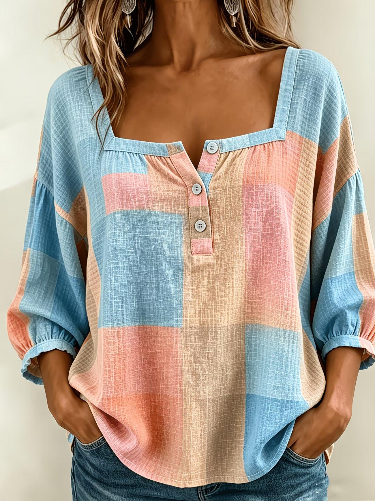 Top féminin à carreaux pastel bleu et rose, manches bouffantes, col boutonné, style bohème élégant