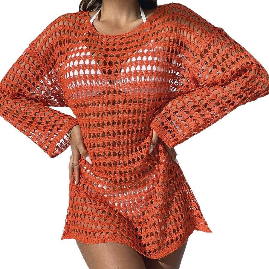 Robe bohème orange en maille ajourée, style plage et été, mode féminine élégante