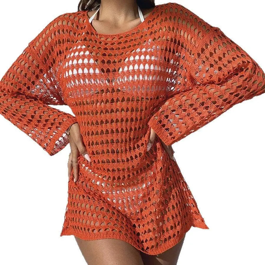 Robe bohème orange en maille ajourée, style plage et été, mode féminine élégante