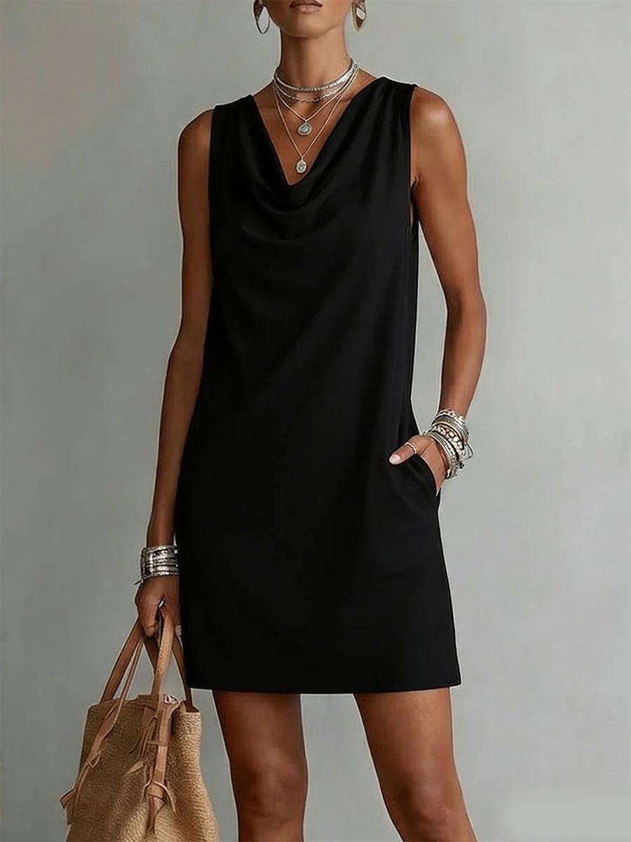 Robe noire féminine sans manches, col drapé, poches, style élégant pour toutes occasions