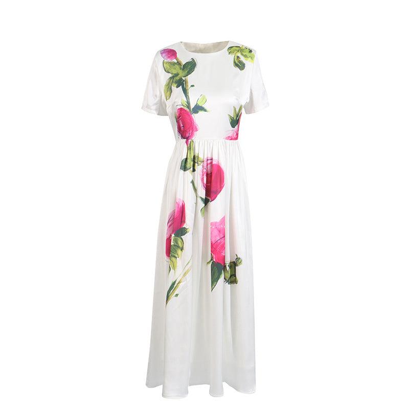 Robe bohème blanche à imprimé floral rose, manches courtes, taille élastiquée, style féminin élégant