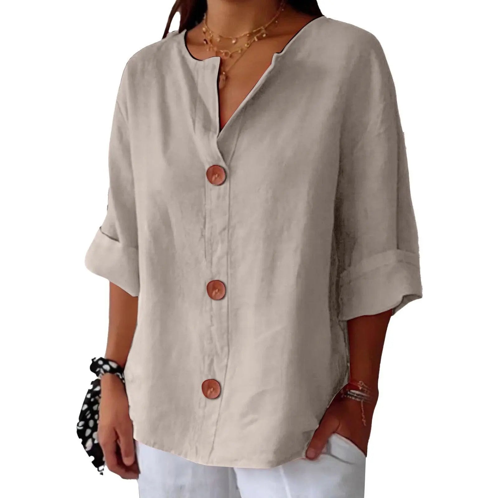 Blouse féminine beige à boutons, manches 3/4, style bohème et décontracté pour été