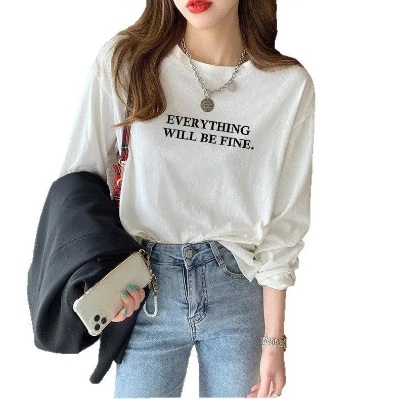 T-shirt blanc à manches longues avec inscription 'EVERYTHING WILL BE FINE', style féminin décontracté