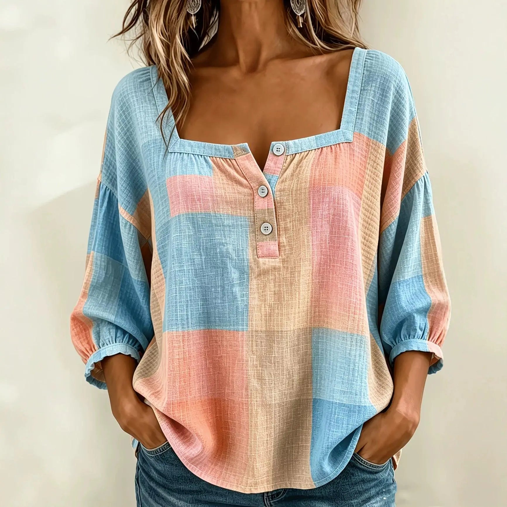 Top féminin à carreaux pastel bleu rose, manches 3/4, col boutonné, style bohème élégant