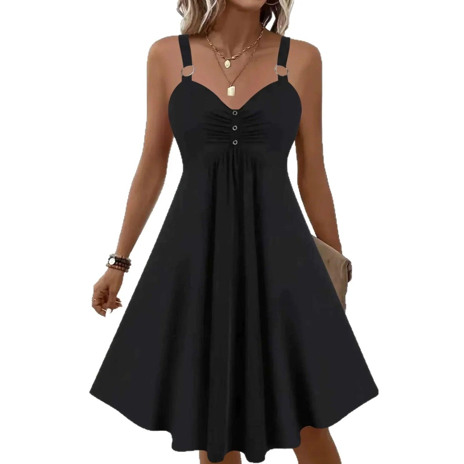 Robe noire élégante à bretelles fines et boutons, style féminin et fluide pour toutes occasions