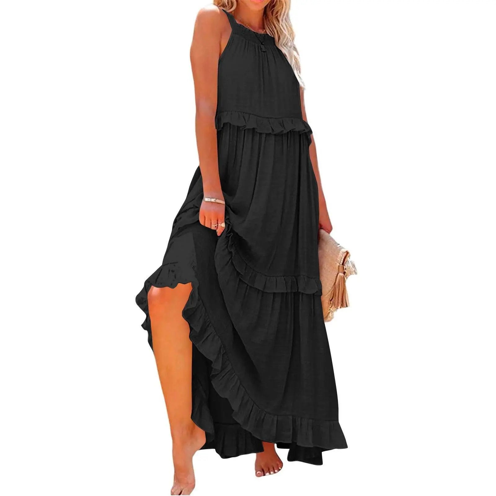 Robe longue noire bohème à volants et fente latérale pour femme
