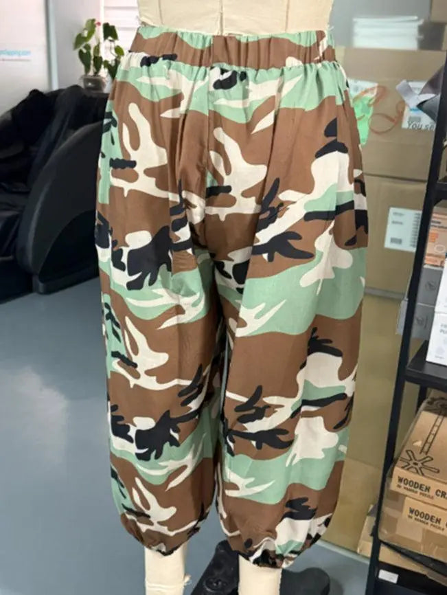 Pantalon camouflage vert marron, taille élastiquée, style bohème féminin