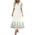 Bohemian Floral Embroidered V-Neck Short Sleeve A-Line Midi Dress mode feminine